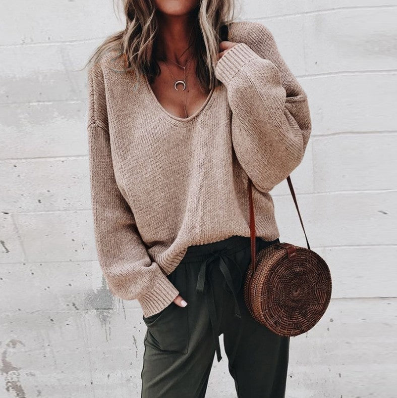 V-Neck Long Sleeve Sweater Casual Fashion Women's T-Shirt