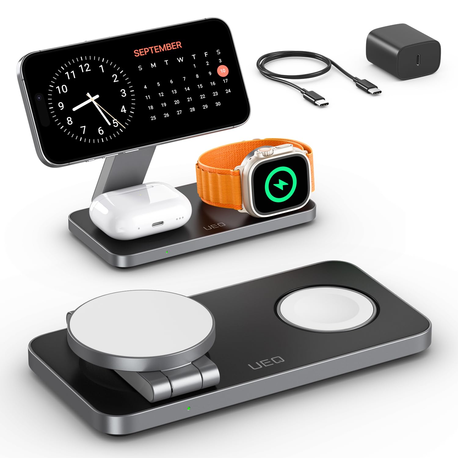 Foldable 3 in 1 Wireless Charging Station for Apple Magsafe Charger Stand,Fast Magnetic Wireless Charger Station for iPhone 17 Air 16 15 14 13 12 Series,Airpods Pro,Apple Watch Ultra (Pure Black)