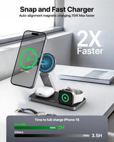 Foldable 3 in 1 Wireless Charging Station for Apple Magsafe Charger Stand,Fast Magnetic Wireless Charger Station for iPhone 17 Air 16 15 14 13 12 Series,Airpods Pro,Apple Watch Ultra (Pure Black)