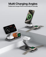 Foldable 3 in 1 Wireless Charging Station for Apple Magsafe Charger Stand,Fast Magnetic Wireless Charger Station for iPhone 17 Air 16 15 14 13 12 Series,Airpods Pro,Apple Watch Ultra (Pure Black)