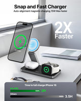 Foldable 3 in 1 Wireless Charging Station for Apple Magsafe Charger Stand,Fast Magnetic Wireless Charger Station for iPhone 17 Air 16 15 14 13 12 Series,Airpods Pro,Apple Watch Ultra (Pure Black)