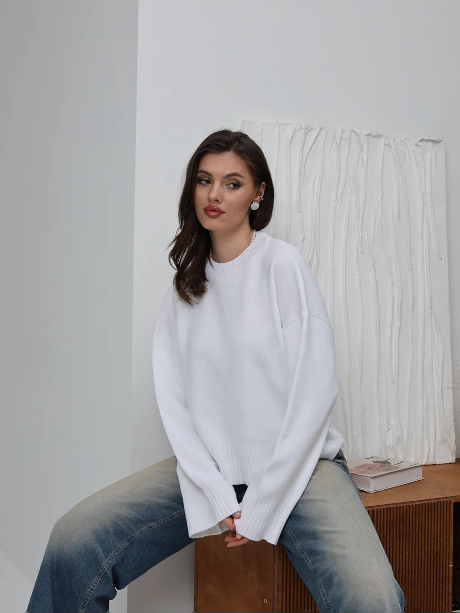 Round Neck Pullover Loose-fitting Solid Color Long Sleeves All-match Sweater