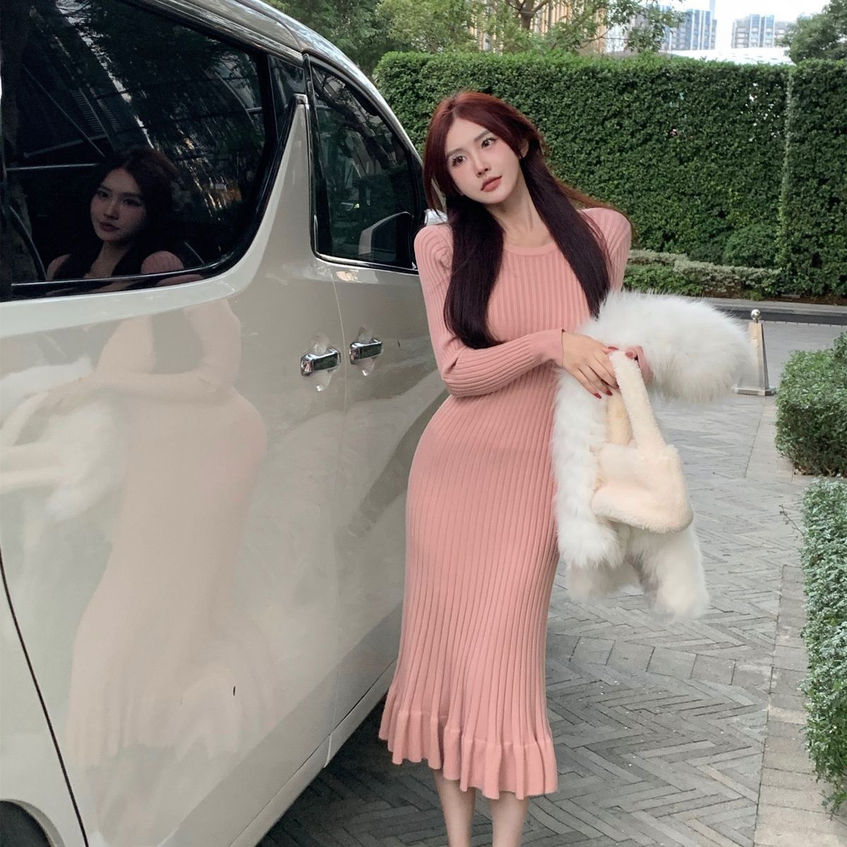 Retro Temperament Sunken Stripe Knitted Bottoming Fishtail Dress