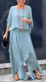 Loose Comfortable Top Split Wide Leg Pants Chiffon Casual Suit