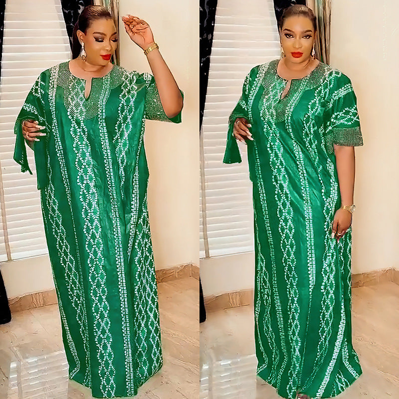 Middle East Striped Loose Robe African Dubai Arabic Satin Hot Drilling Stitching Dress
