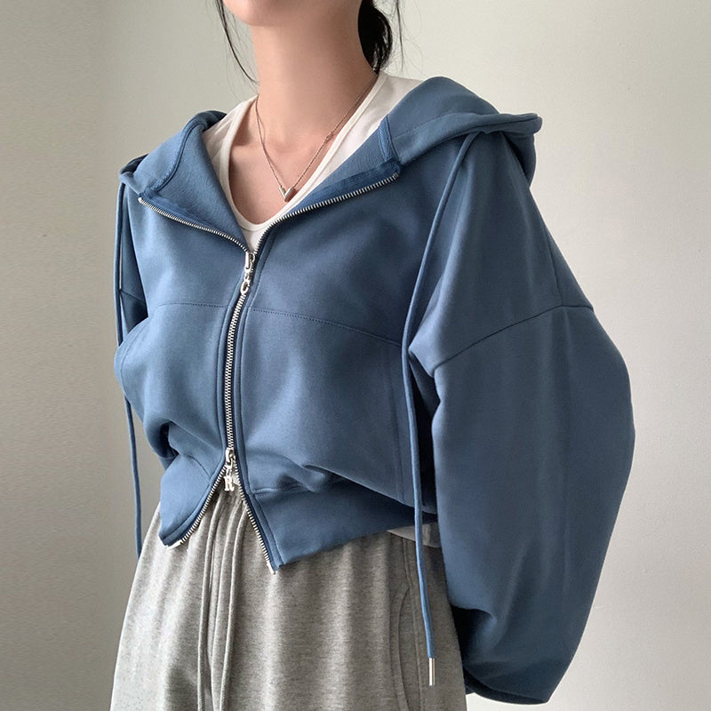 Hooded Double Open Loose Zip Long Sleeve Short Sweater Coat For Women