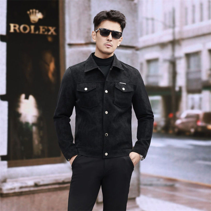 Suede Leather Jacket Men's Slim-fit High-grade Pu Handsome Retro Biker's