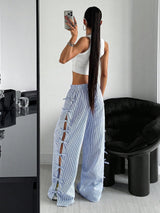 Waist Side Tie Bow Striped Wide Leg Pants