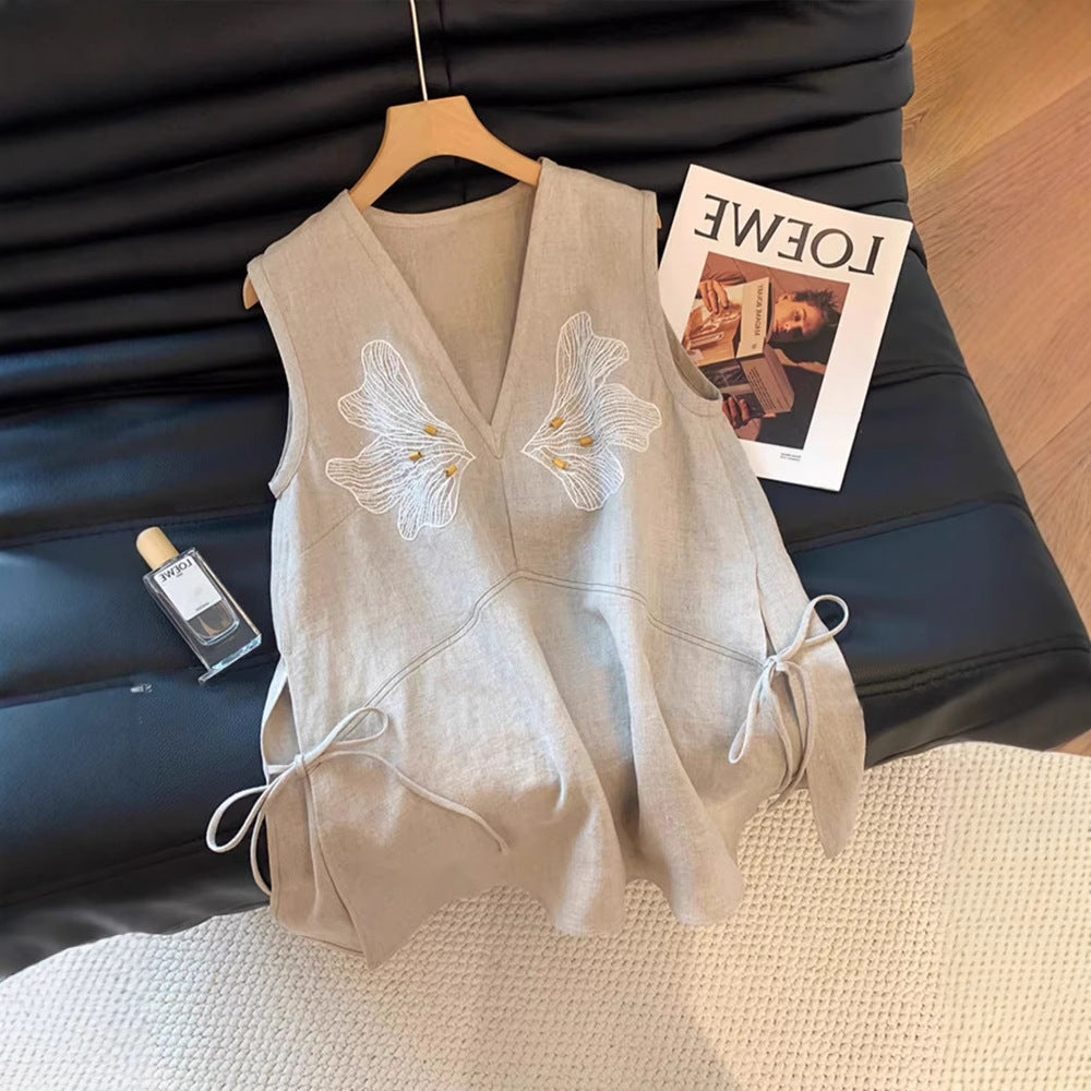 Laqian Style Embroidered V-neck Linen Vest Women's Summer High-end Versatile Loose Slimming Sleeveless Top