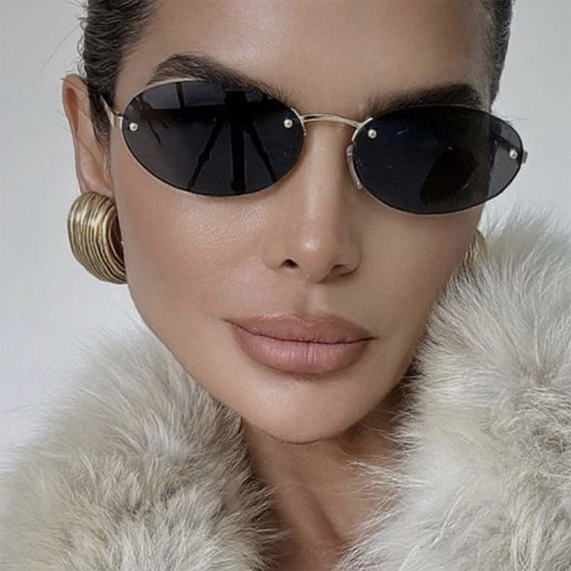 Fashion Personality Metal Frameless Oval Rivet Sun Glasses