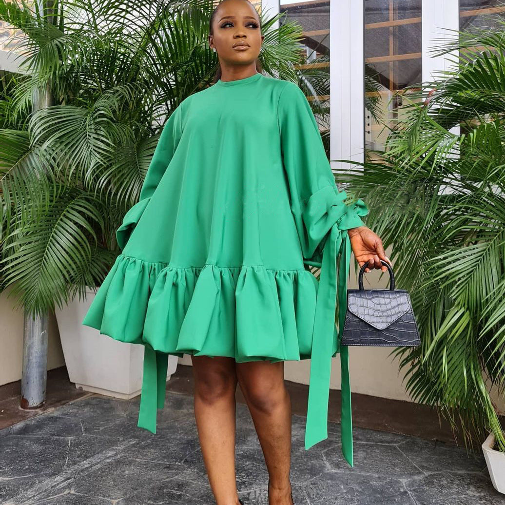 Women's Loose Solid Color Puff Sleeve Dress