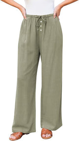 High Waist Button Drawstring Loose Casual Summer Wide-leg Pants With Pockets