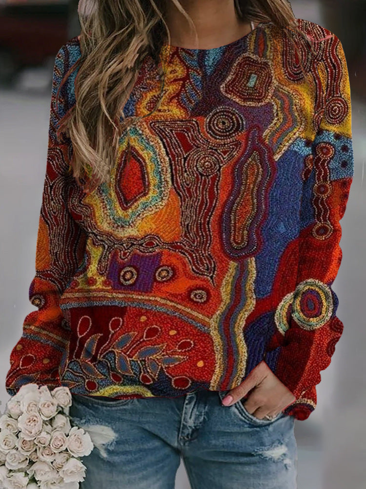 Casual Fashion Loose Ethnic Style Retro Long Sleeve Crew Neck Pullover Sweatshirt