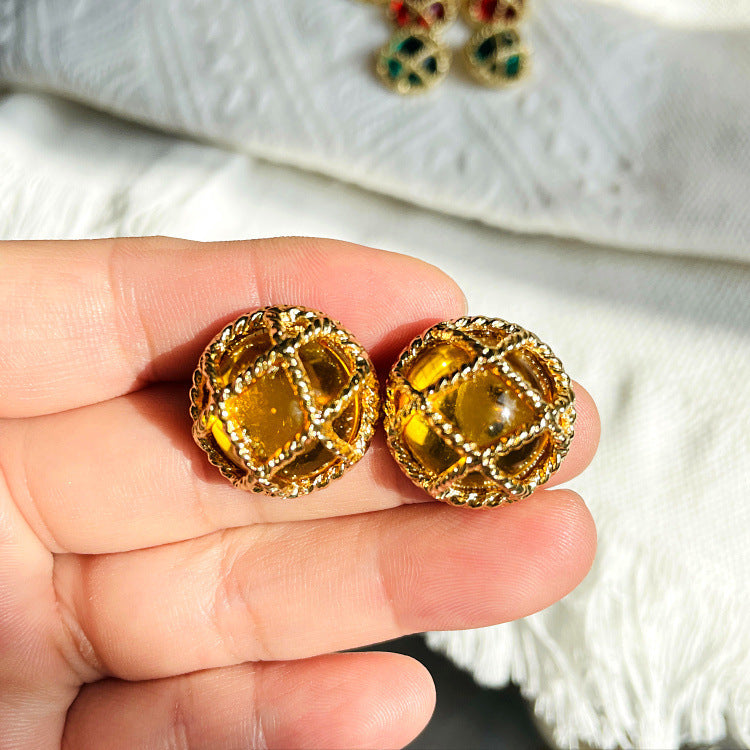 Diamond Plaid Silver Stud Earrings Mid-ancient Round New Chinese Alloy Simple Electroplated DIY Earrings