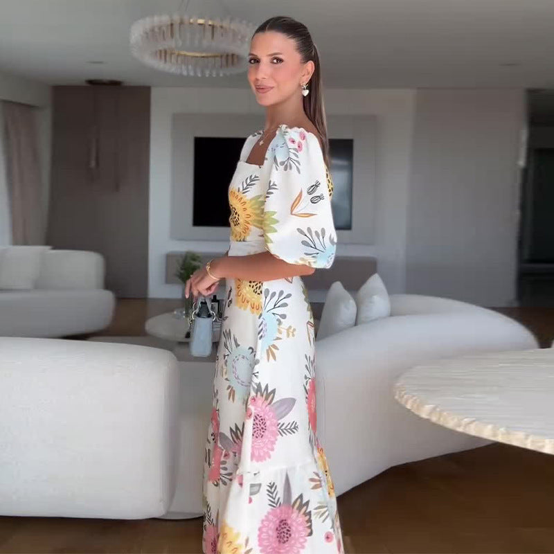 Square Collar Puff Sleeve Waist Trimming Printing Stitching Dress