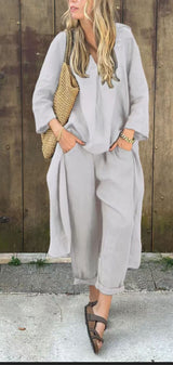 2pcs Long-sleeved Suits Loose V-neck Long Top And High Waist Wide Leg Pants With Pockets Women's Clothing