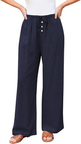 High Waist Button Drawstring Loose Casual Summer Wide-leg Pants With Pockets
