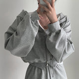 Hooded Double Open Loose Zip Long Sleeve Short Sweater Coat For Women