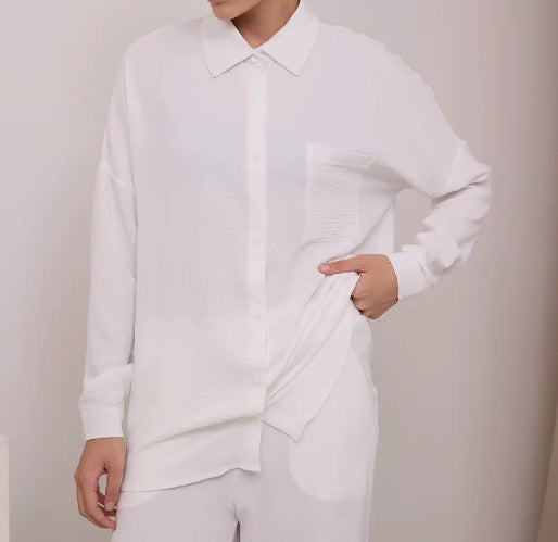 Women's Solid Color Cardigan Pocket Casual Wide-leg Trousers Suit