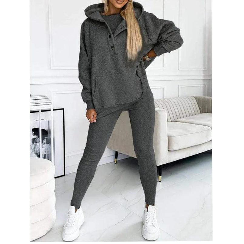 Casual Hooded Sweater Thickened Thread Fitted Vest Pants Three-piece Set