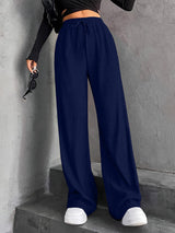 New Women's Elastic Waist Pinstripe Road Straight Wide Leg
