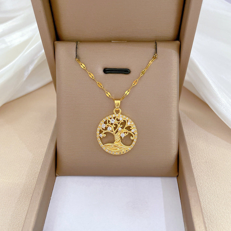 Gold-plated Micro-inlaid Full Rhinestone Zircon Lucky Tree Light Luxury Cross-border Necklace