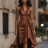 Elegant Deep V-neck Irregular Women's Ruffled Ruffled Evening Dress Gowns Solid Color Lace-up High Waist Satin Party Dresses Wedding Guests Dress