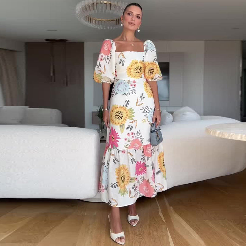 Square Collar Puff Sleeve Waist Trimming Printing Stitching Dress