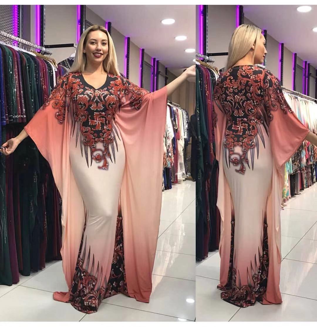 African Plus Size Women's Printed Pattern Bat Sleeve Dress