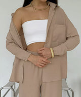 Women's Solid Color Cardigan Pocket Casual Wide-leg Trousers Suit