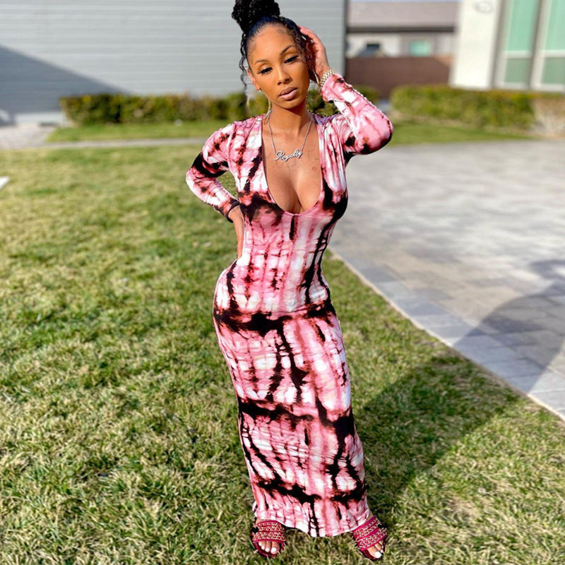 Women's Color Tie-dyed Off-shoulder Tube Coat And Dress