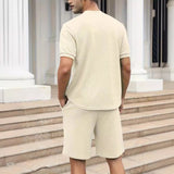 Waffle Stand Collar Solid Color Zipper Short Sleeve Trousers Suit Men