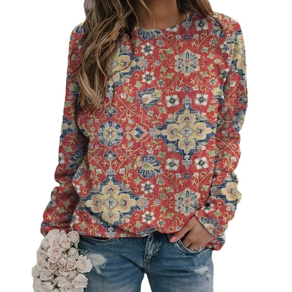 Casual Fashion Loose Ethnic Style Retro Long Sleeve Crew Neck Pullover Sweatshirt