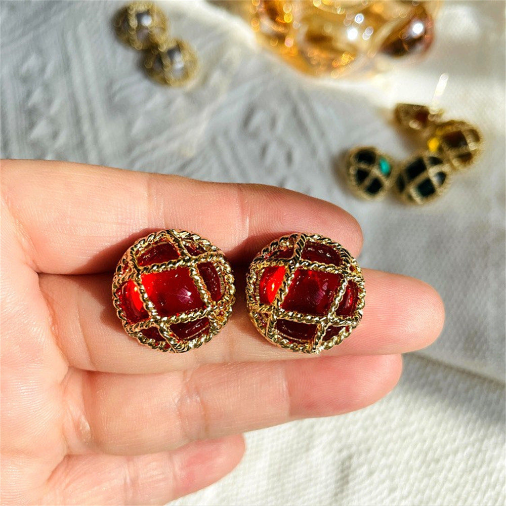 Diamond Plaid Silver Stud Earrings Mid-ancient Round New Chinese Alloy Simple Electroplated DIY Earrings