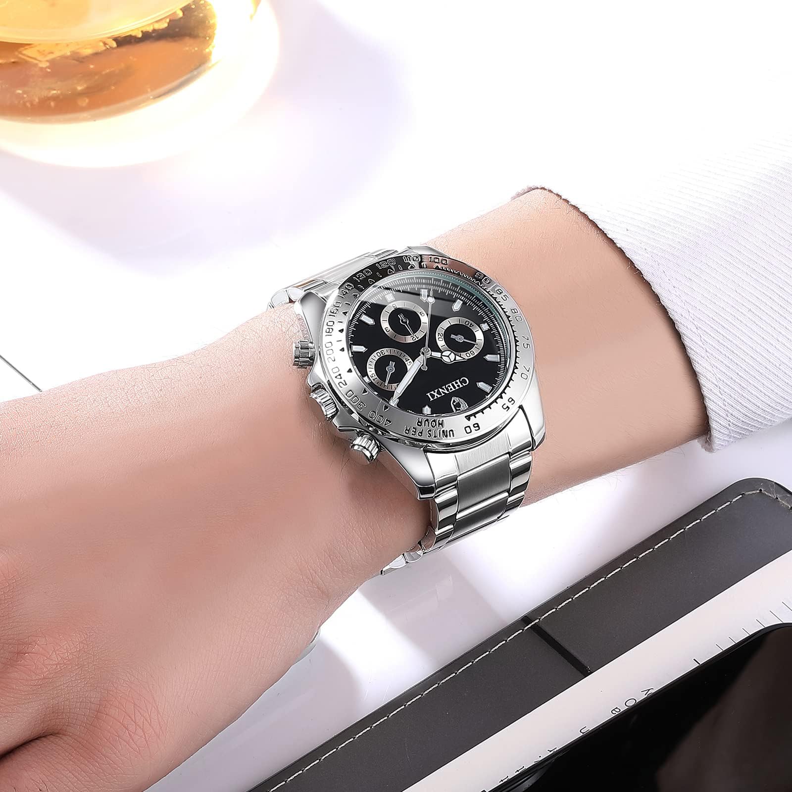 FANMIS Classics Business Analog Watch Big Face Quartz Luminous Waterproof Analog Quartz Stainless Steel Watch Elegant Gift Watch for Men