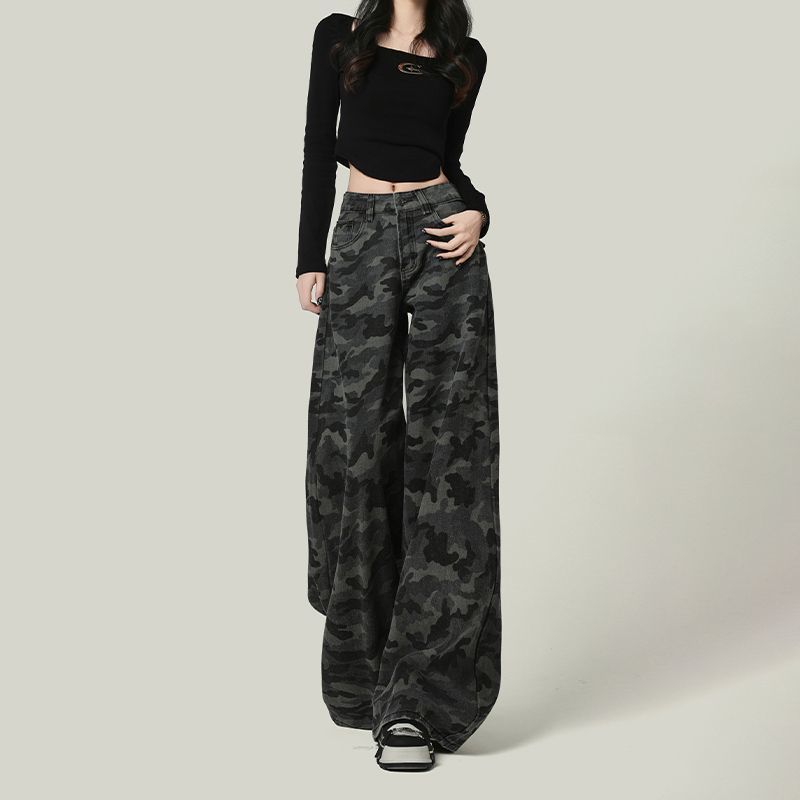 Women's American-style Wide-leg Camouflage Jeans