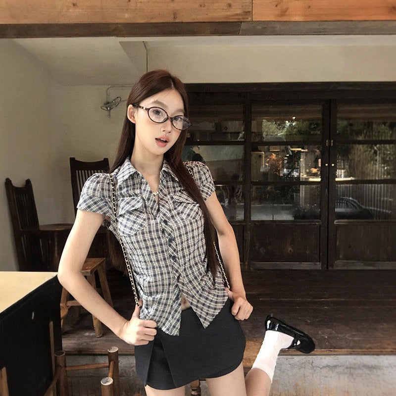 Women's Korean-style Retro Plaid Waist Shirt Summer New