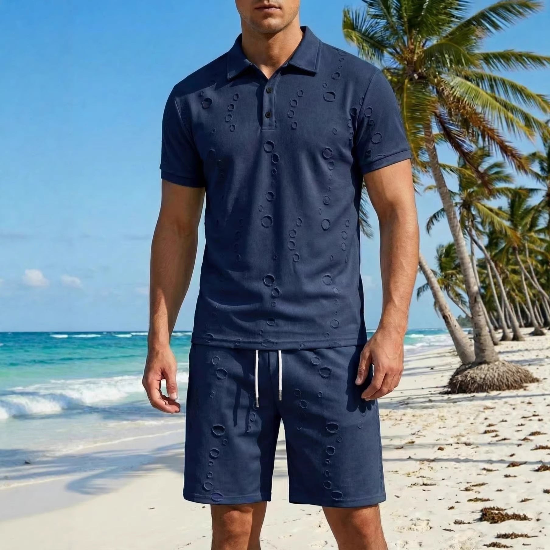 Summer Washed Distressed Polo Shirt With Buttons Mens Sports Polo Tee