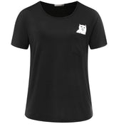Women T Shirt Pocket cat Top Tee casual Short sleeve Tops