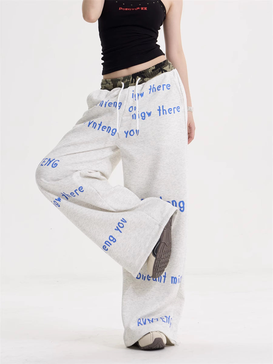 Letter High Waist Drawstring Wide Leg Pants