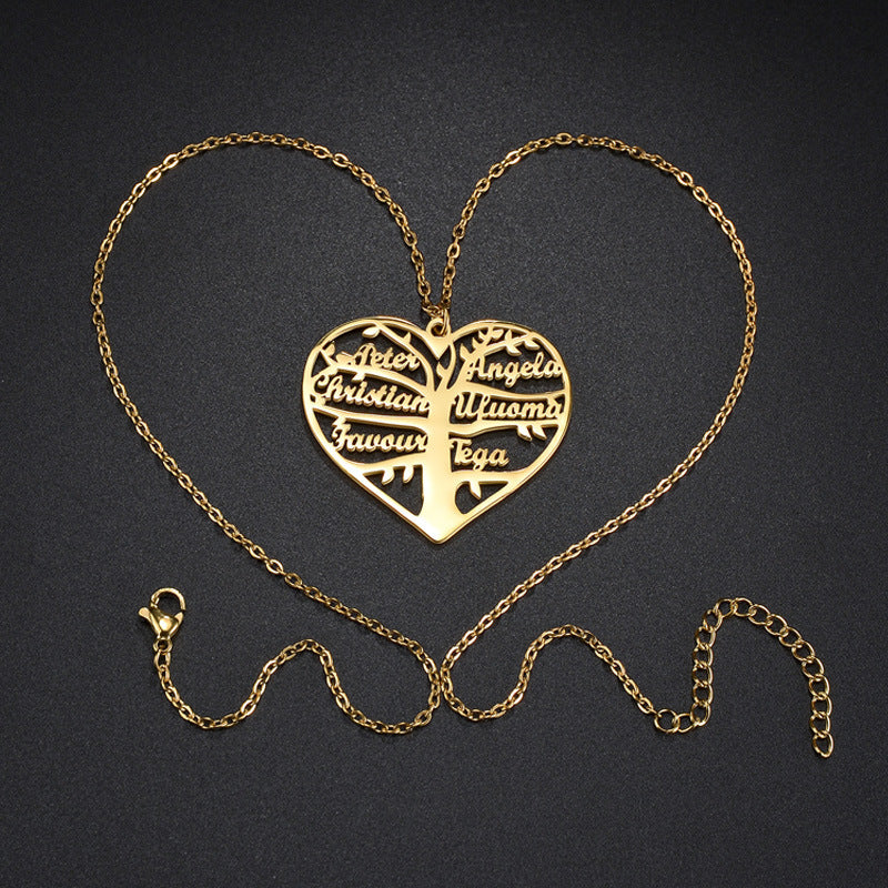 Women's Necklace Name Custom Hollow Heart English Letter Lucky Tree Titanium Steel Pendant Ornaments