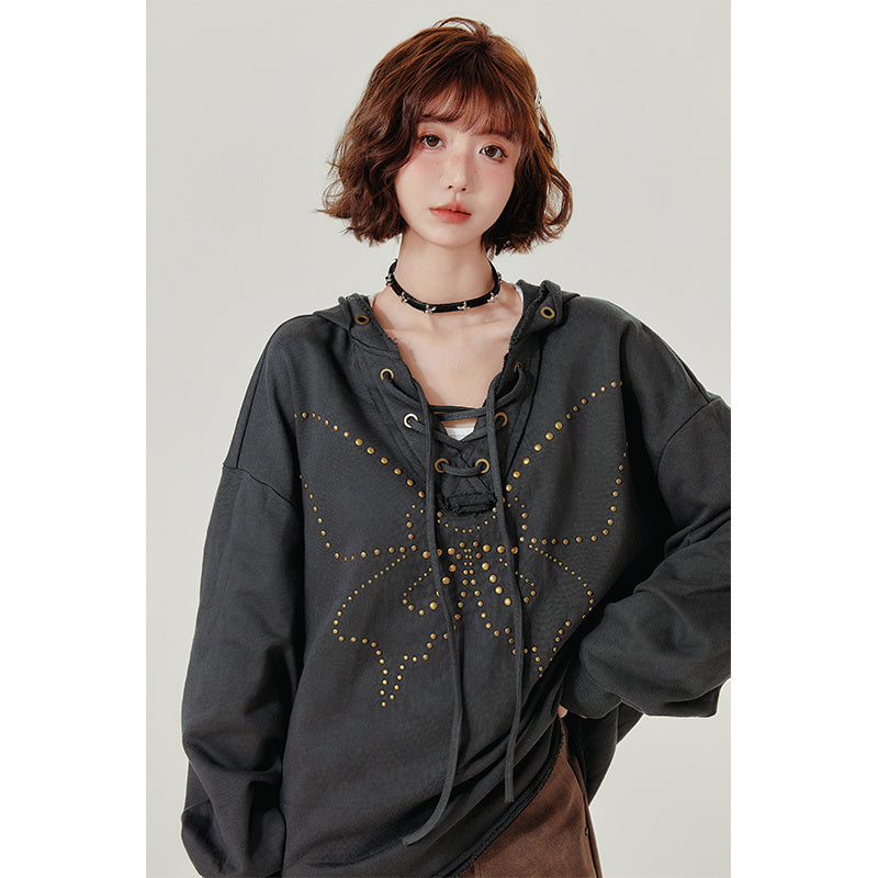 Retro Hooded Sweater Women's Rivet Lace-up V-neck Loose Top