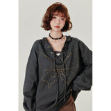 Retro Hooded Sweater Women's Rivet Lace-up V-neck Loose Top