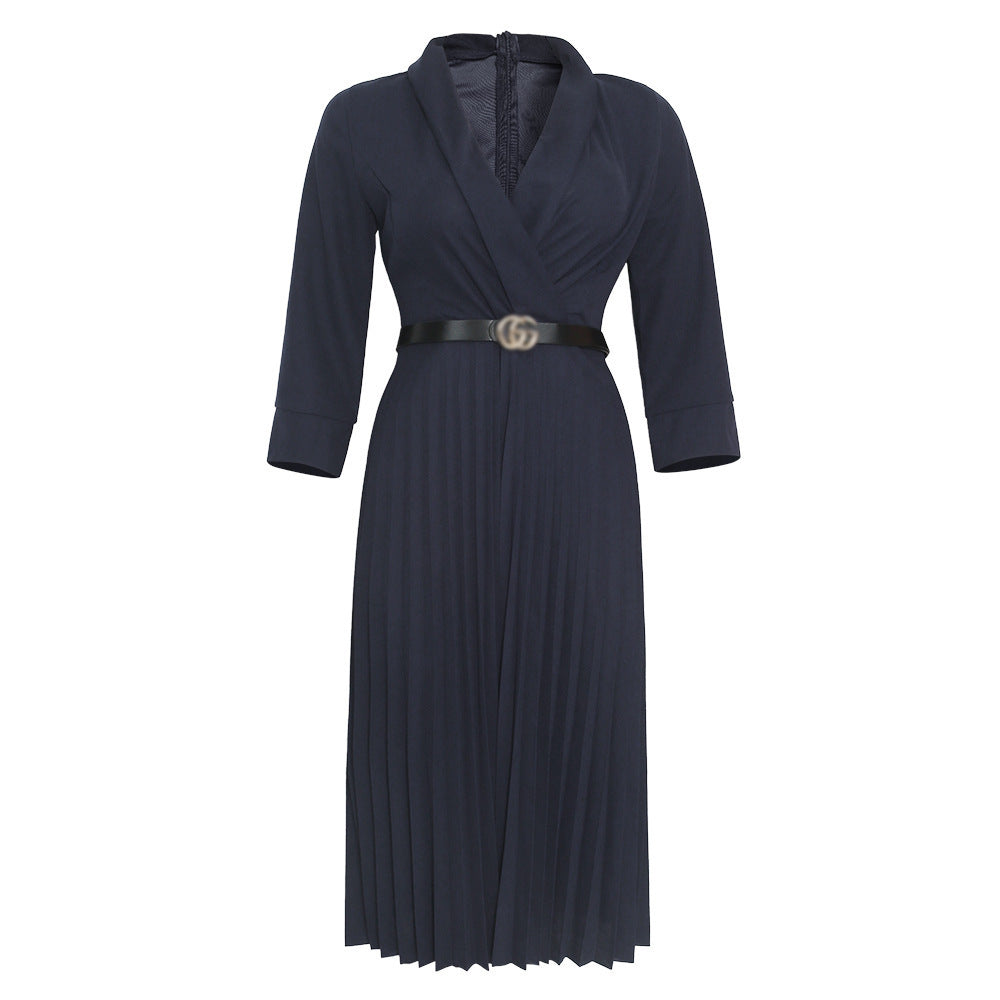 African women's V-neck pleated skirt dress with belt