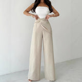 High Waist Beige Metal Buckle Wide Leg Pants