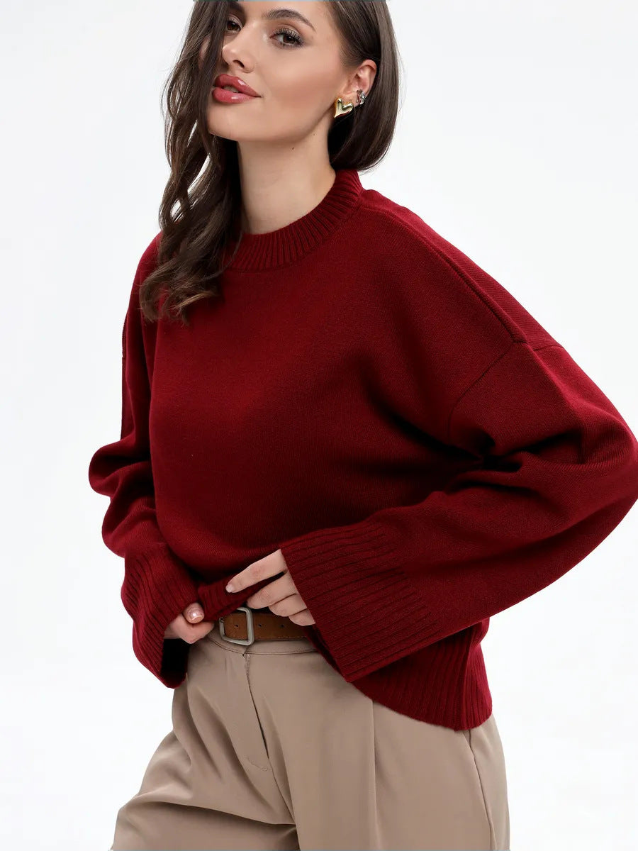Round Neck Pullover Loose-fitting Solid Color Long Sleeves All-match Sweater