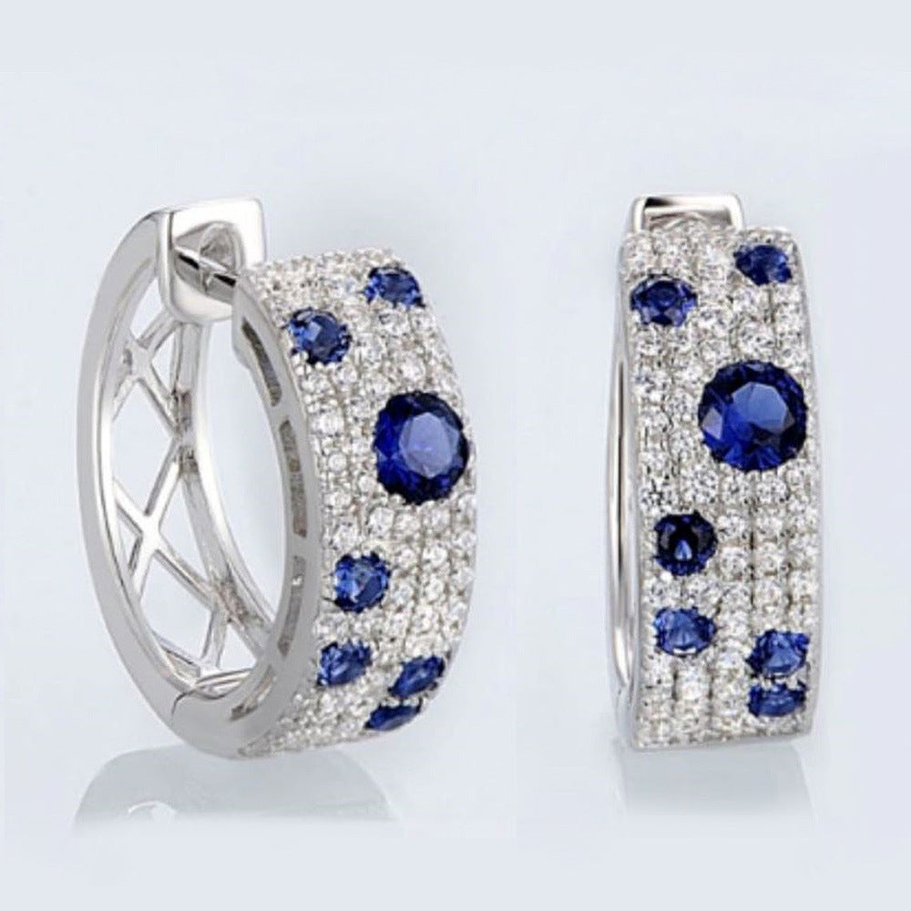 Korean Style Blue White Earrings Round Micro Inlaid Zircon Exquisite Ear Clip