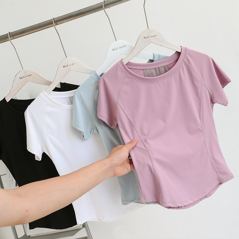 Nude Feel Mesh Stitching Yoga Short-sleeved Sports T-shirt