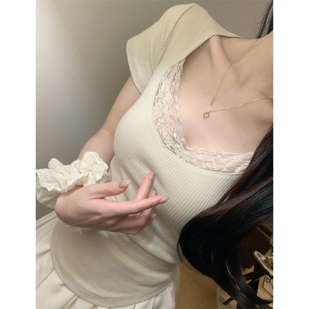 Square Collar Lace Slim Fit Patchwork Niche Bow Short Sleeve