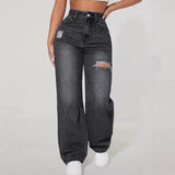 European And American Ladies Washed Hole Denim Trousers